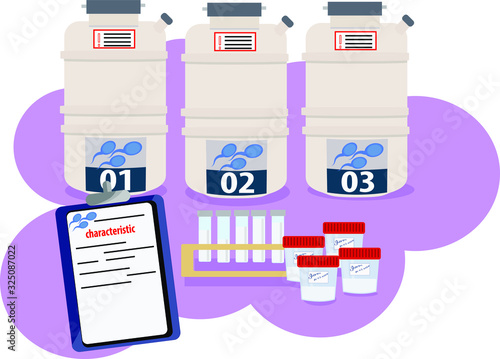 Concept for sperm bank. Glasses with sperm and cones, reproductive center. Vector image