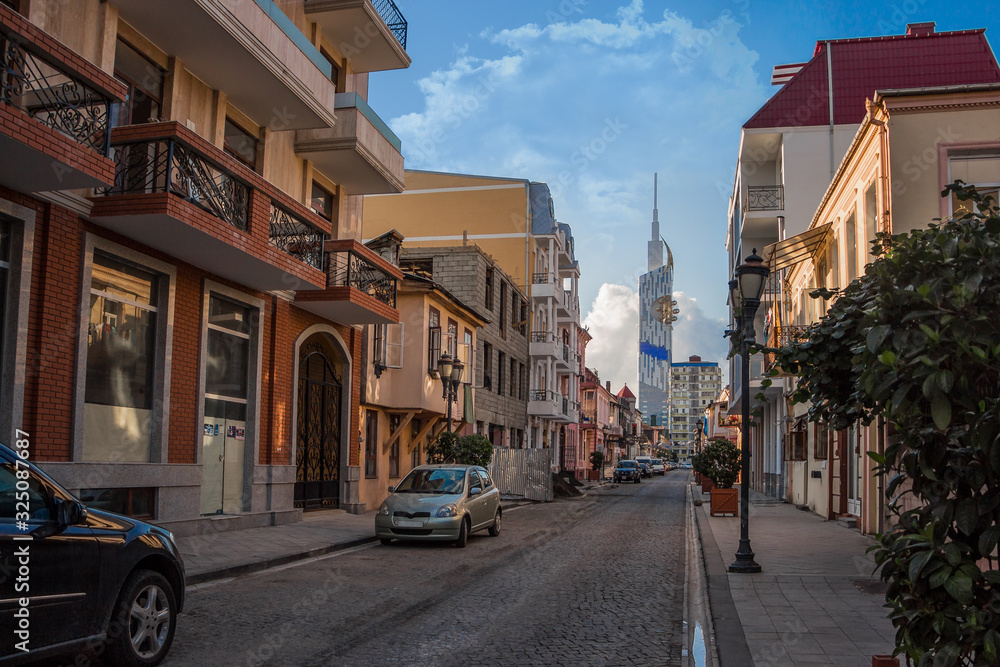 European Street With Old, Modern Buildings And Stone Pavement In Batumi. Georgian Architecture Landmark. Tourist Place.