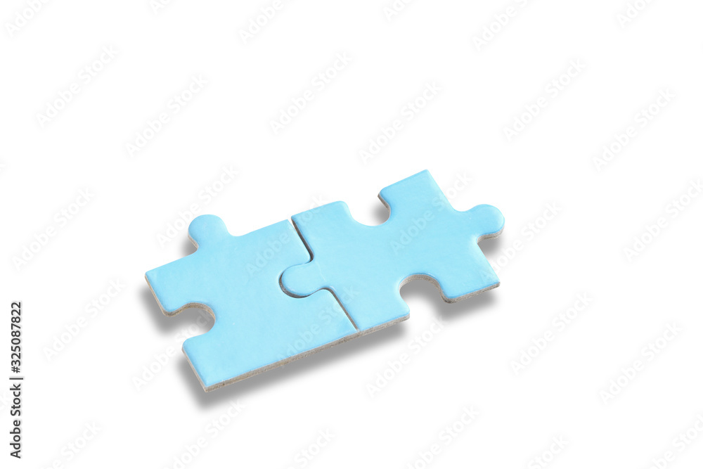 Two blue puzzle isolated on white background, business productive concept and connection idea Two blue puzzle isolated on white background, business productive concept and connection idea