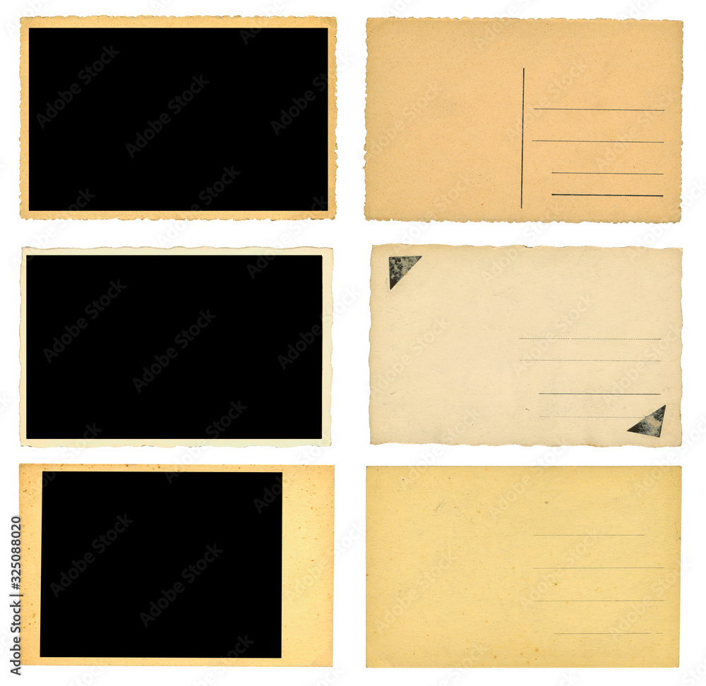 Set of vintage postcards with empty photo frames, isolated on white with free space for pictures and text