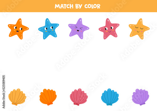 Color matching game for kids. Seashells and starfish.