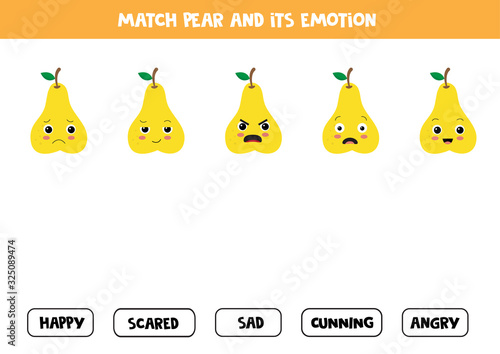 Match cute cartoon pear and its emotion. Educational game for kids.