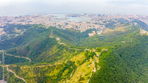 Genoa, Italy. Forte Sperone is a key point of the 19th-century Genoese fortifications and is located on top of the Mura Nuove. View of Genoa, Aerial View