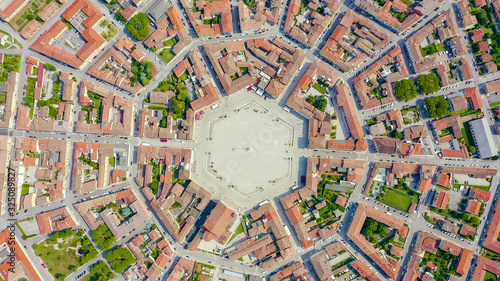 Palmanova, Udine, Italy. An exemplary fortification project of its time was laid down in 1593, Aerial View, HEAD OVER SHOT photo