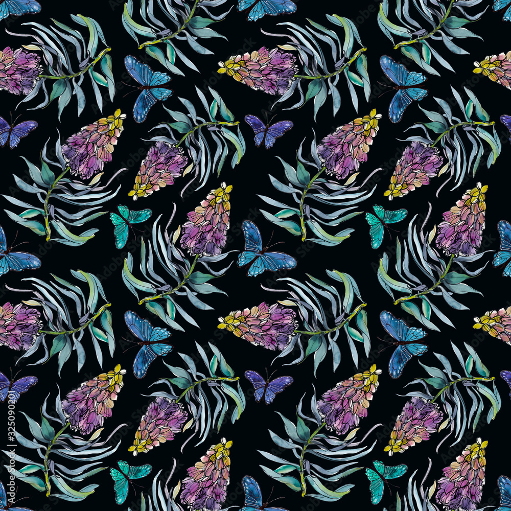 seamless pattern with a flower and butterflies on a black background seamless pattern with a flower and butterflies on a black background