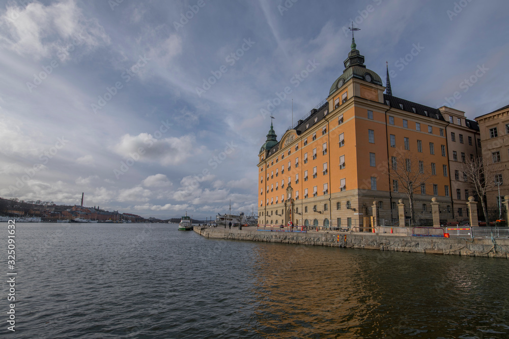 A sunny spring day in Stockholm, old houses and landmark
