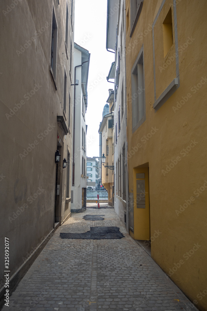 The narrow alley in midtown of Zurich for background , copy space , Switzerland