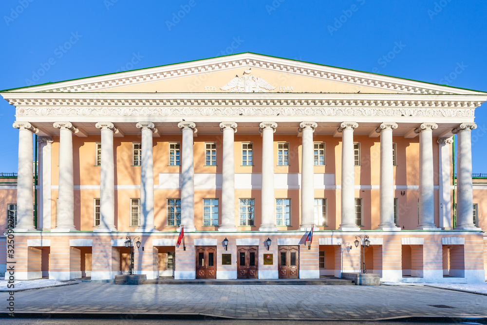 front view of Moscow City Duma palace in morning