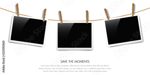 Photo frames on a rope with wooden clips, Vector illustration