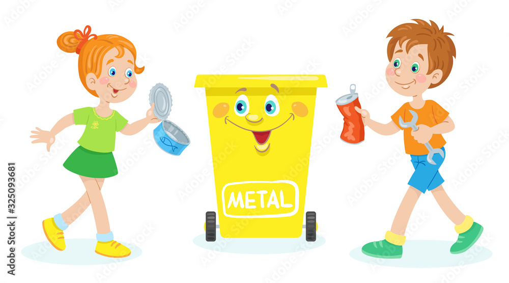 Children throw away metal trash in a yellow dustbin for recycling