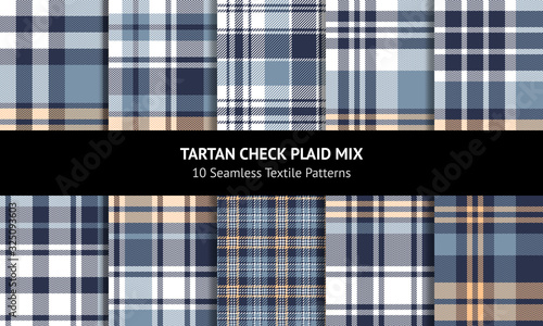 Plaid pattern set. Herringbone and striped tartan check plaid in blue, soft orange yellow, white for flannel shirt, blanket, throw, duvet cover, or other autumn winter textile design.