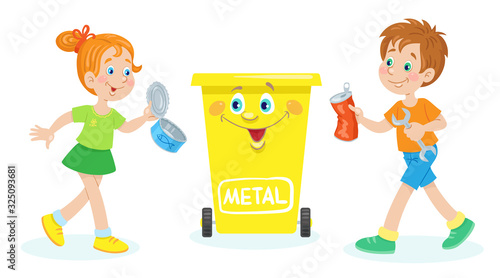 Children throw away metal trash in a yellow dustbin for recycling. Separate garbage collection. In cartoon style. Isolated on white background. Vector illustration.