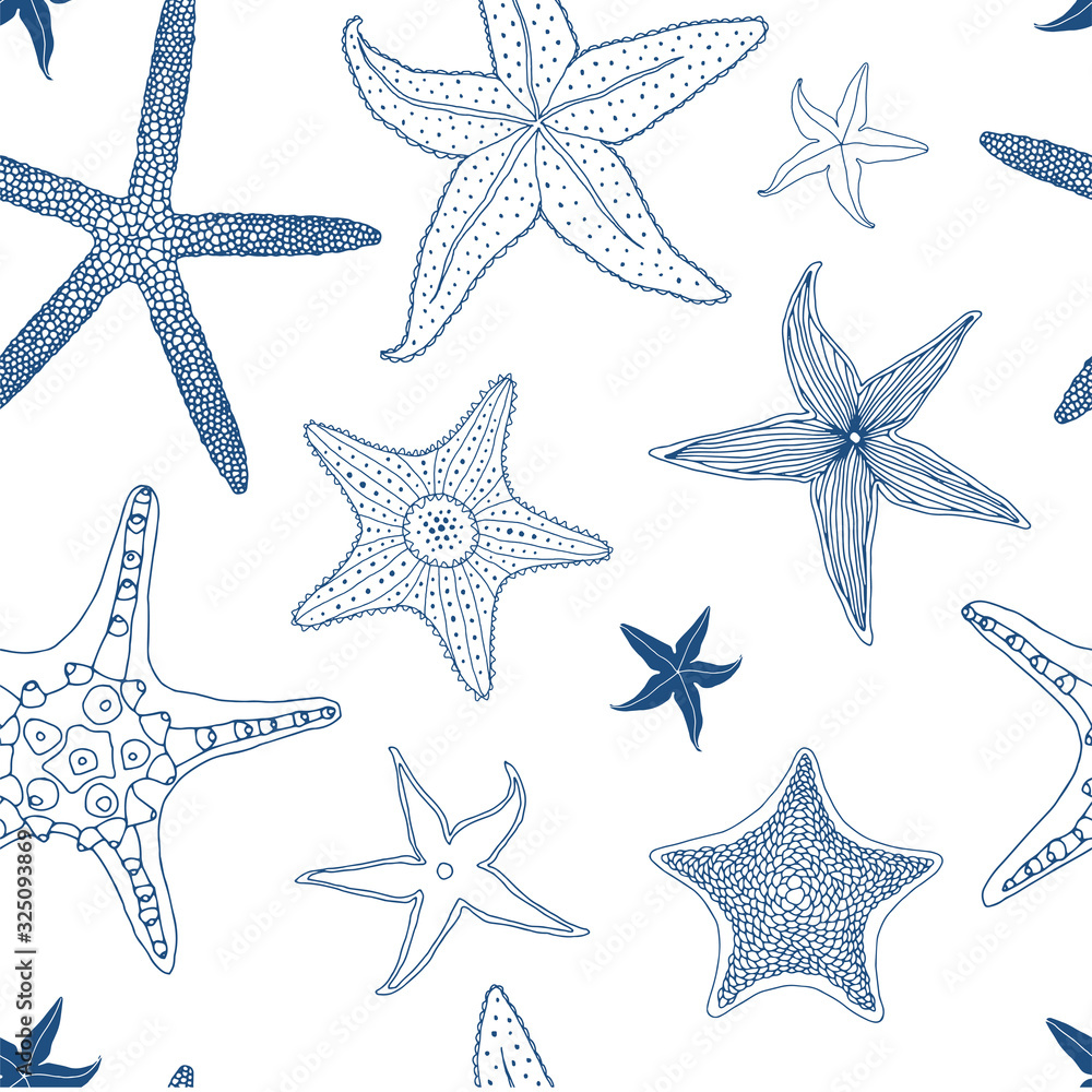 Starfish collection sketchy vector seamless pattern. Underwater sea star creature classic blue inky linear illustration backdrop. Elegant ocean animals surface textile, wallpaper design