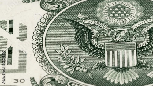 Great seal on US one dollar bill tracking, bald eagle. Slider shot. Low angle, macro. 4K