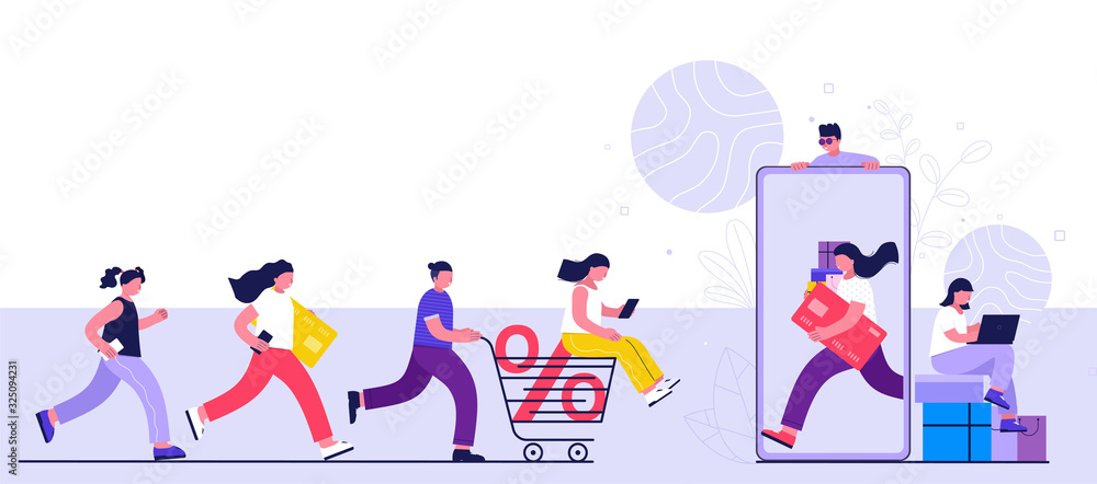 Naklejka premium Online shopping concept, consumerism and people. Young people women and men make purchases using a smartphone, laptop. Landing page template.