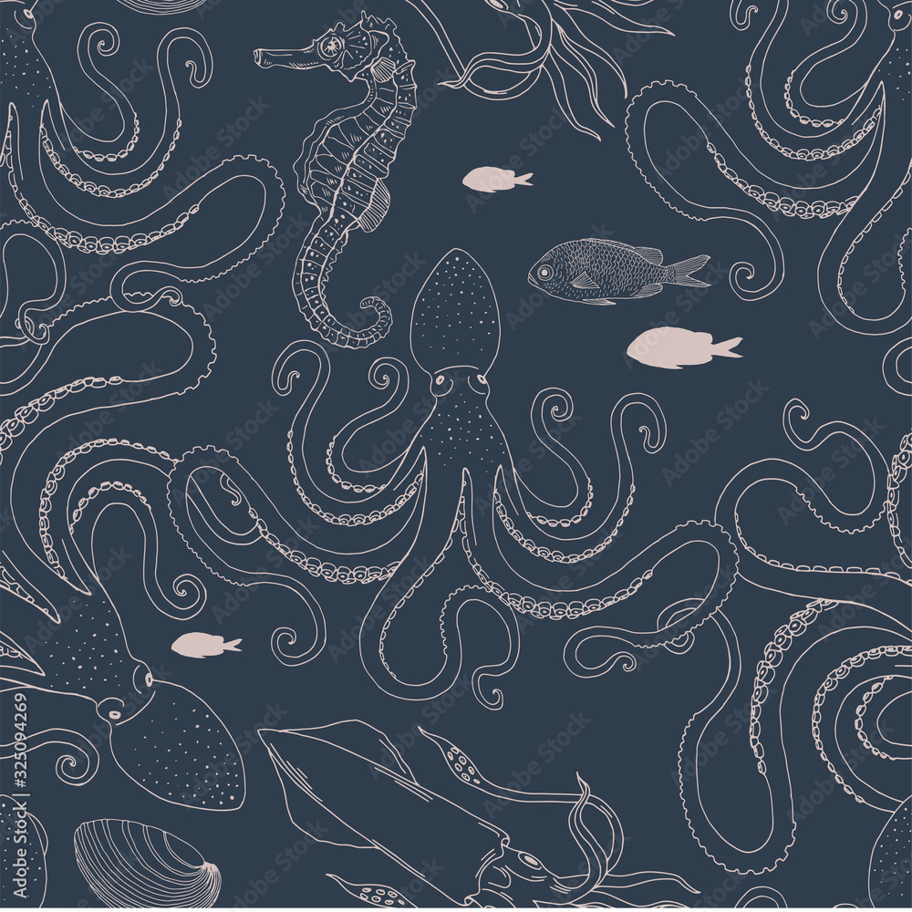 Octopus Squid Sea horse sketchy vector seamless pattern. Underwater ...