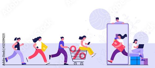 Online shopping concept, consumerism and people. Young people women and men make purchases using a smartphone, laptop. Landing page template.