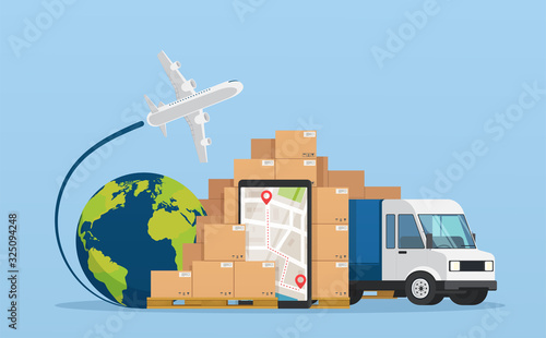 Online service postal logistic service or courier delivery concept. Truck with warehouse packages parcels, mobile phone with map city and tracking order. Air and transportation of goods.