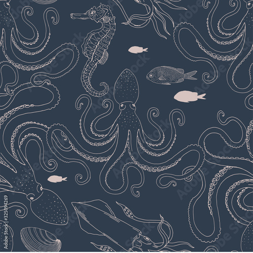 Octopus Squid Sea horse sketchy vector seamless pattern. Underwater creatures dark blue inky linear illustration backdrop. Elegant ocean animals surface textile, wallpaper design