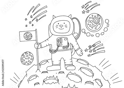 coloring book with astronaut cat, vector illustration