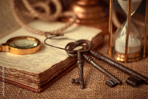 Old vintage items of the treasure hunter, traveler and discoverer - a magnifying glass, old manuscripts, a globe, keys to chests. The concept of luck, unexpected wealth, luck and romance.