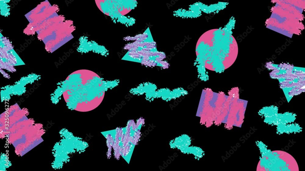 Retro abstract 80's 90's design pattern background. Memphis style with geometrical shapes of different vintage colors. Seamless 4k pop art design that can be set in a loop. Retro abstract 80's 90's design pattern background. Memphis style with geometrical shapes of different vintage colors. Seamless 4k pop art design that can be set in a loop.