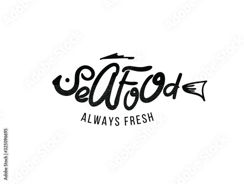 Seafood, badge for your design, for printing and labels. Calligraphy seafood, seafood logo