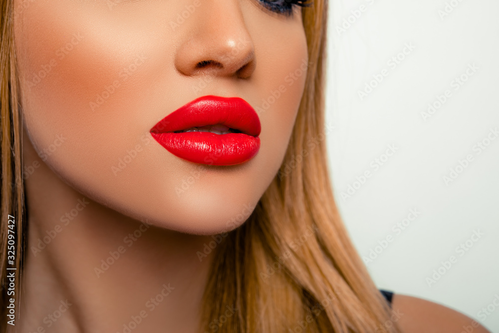 Lips. Beauty Portrait Lips Closeup. Copy space. Red Lipstick color. Make-up . Lips. Beauty Portrait Lips Closeup. Copy space. Red Lipstick color. Make-up .