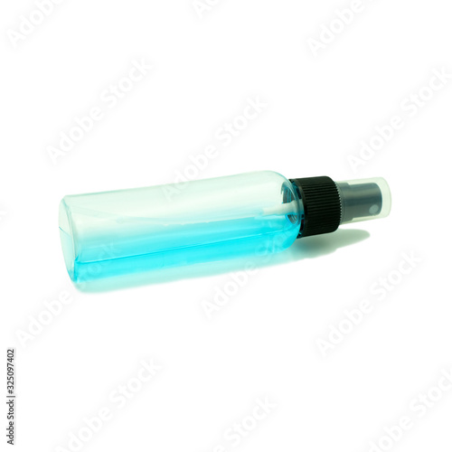blue plastic bottle of water or liquid as alcohol isolated on white background