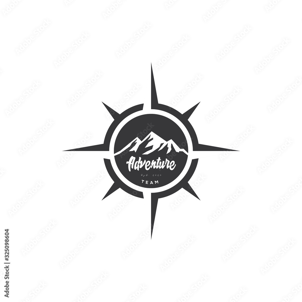 Mountain Adventure with Compass Badge logo design inspiration