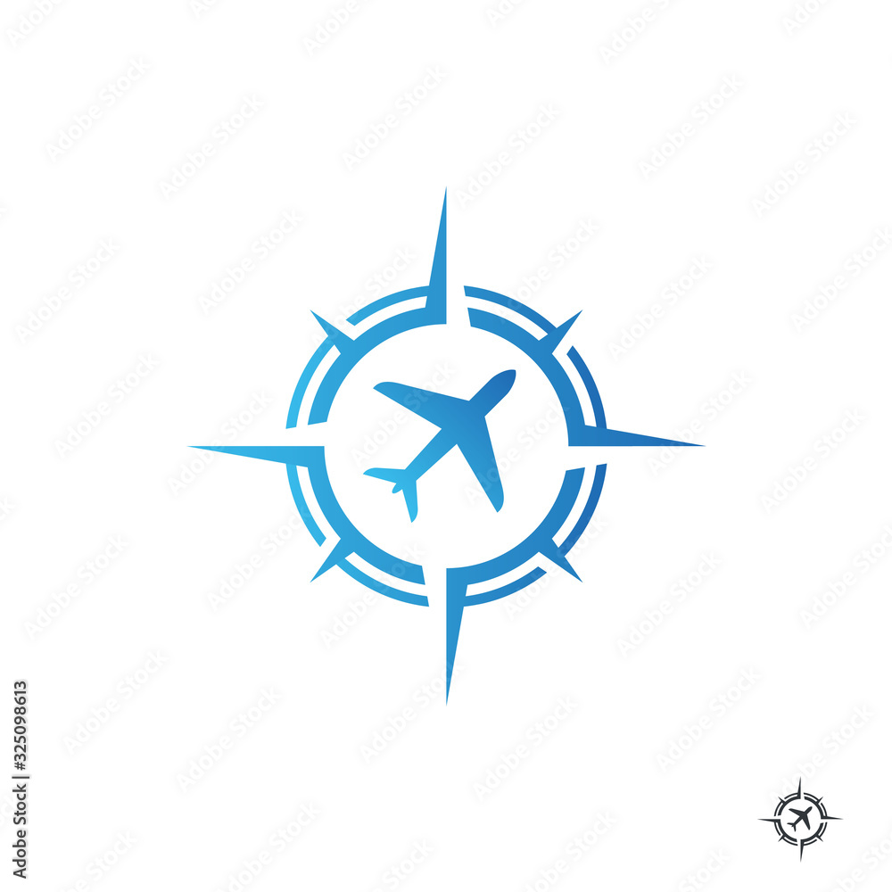 Compass with plane for transport or travel logo design Compass with plane for transport or travel logo design