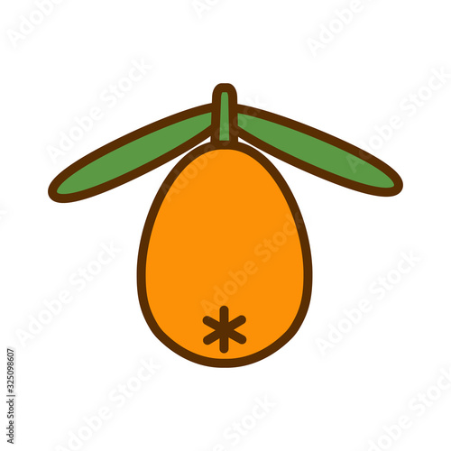 Sea buckthorn. Color flat icon of one sea buckthorn berry and two leaves isolated on a white background. Hippophae vector illustration with editable stroke.