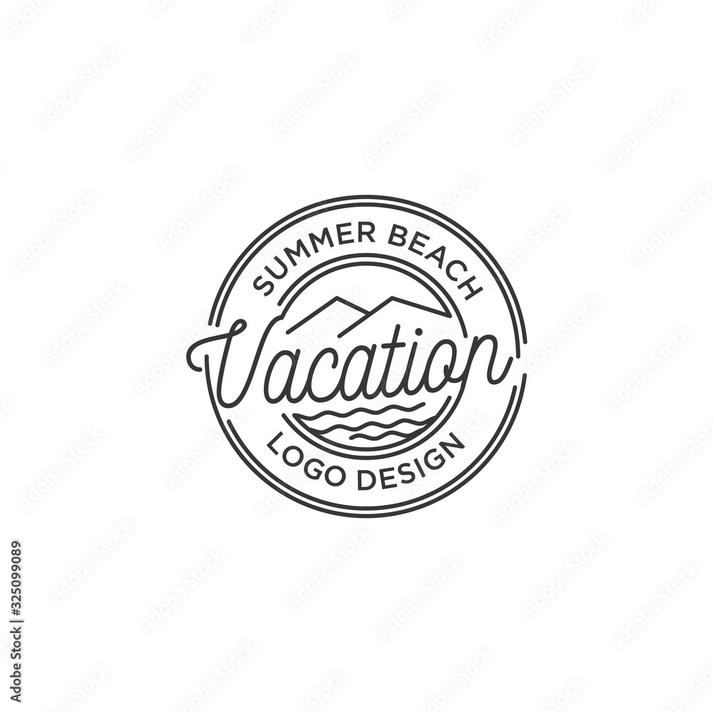 Fototapeta premium Hipster Stamp Mountain and Beach with Line Art style Logo design