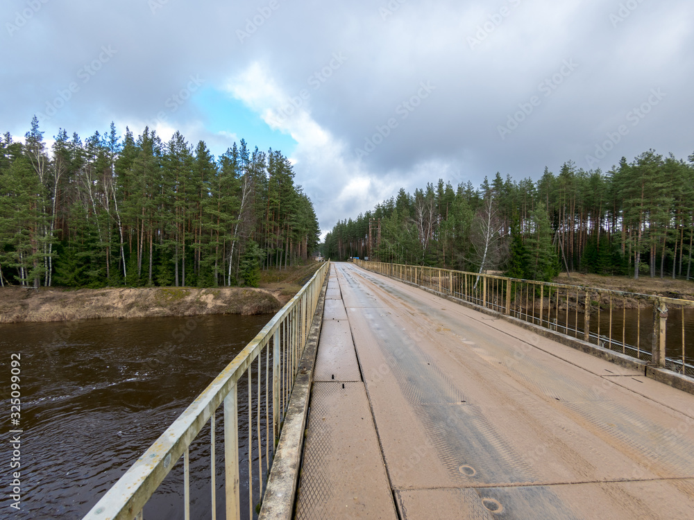 a spring landscape with a dirty and wet dirt road