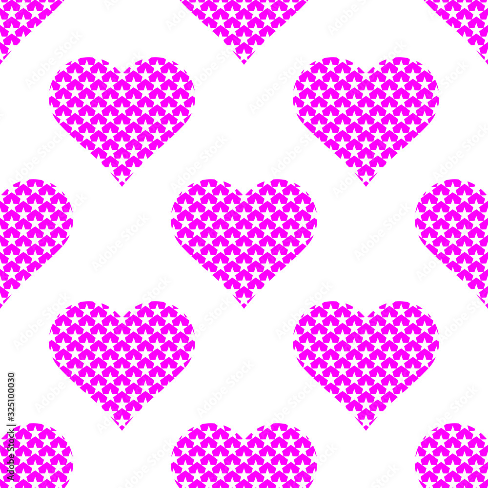 Purple heart sign repeat pattern isolated on white background vector. Stars logo in heart symbol.