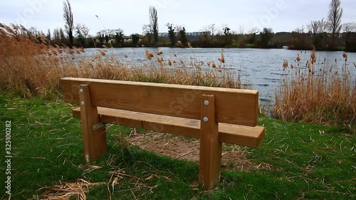 Windstorm at water's edge in reeds and herbs from the pampa. Wave one day bad weather with grey clouds in the sky. Autumn vegetation andwinter. Wooden bench. photo