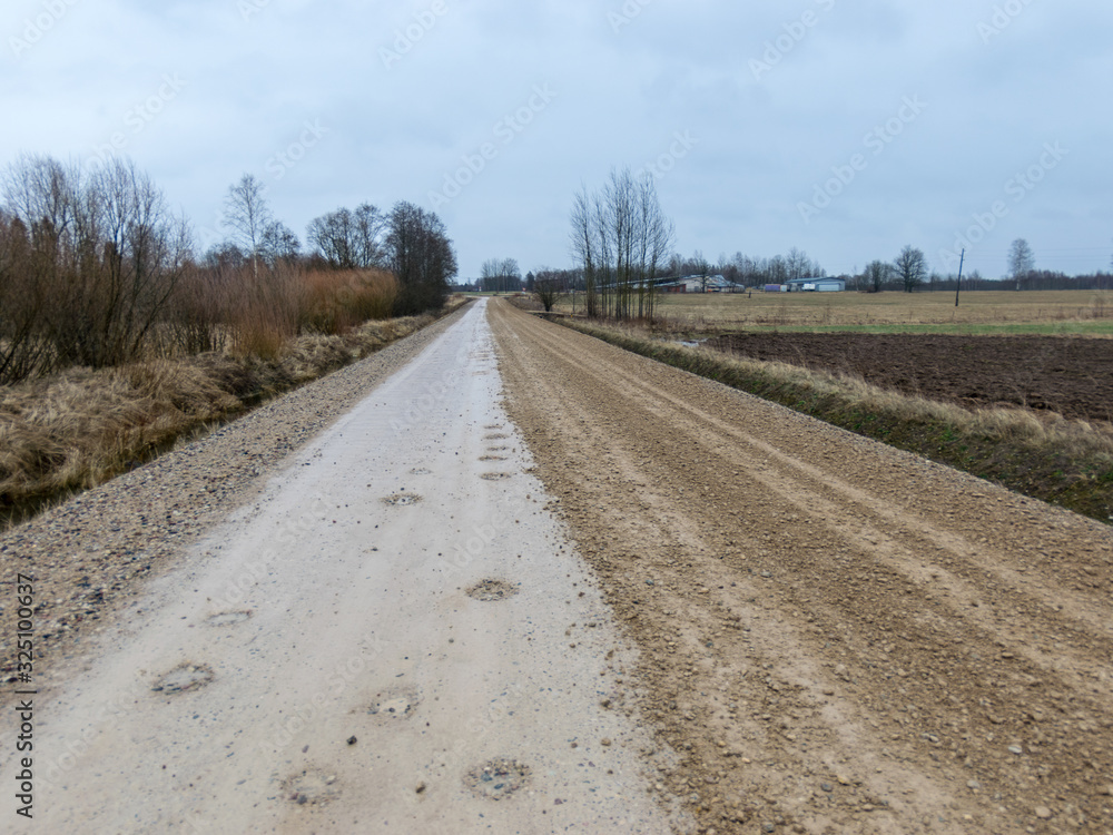 spring landscape with dirty and wet dirt road