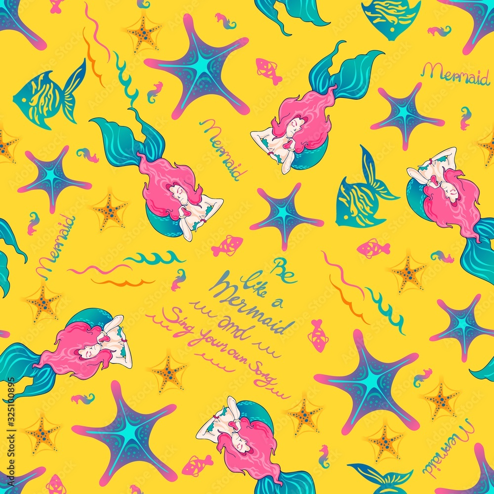 mermaid pink and green with under sea life illustration cartoon doodle design for seamless pattern vector with yellow color background 
