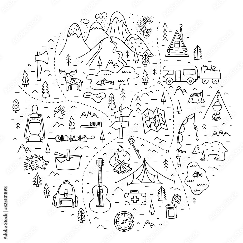 Camping. A hand-drawn map in outline style with basic symbols and places to travel for the weekend. Linear doodle illustration. Camping in the forest and outdoor recreation. Vector.