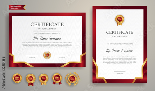 Red and gold certificate of achievement border template with luxury badge and modern line pattern. For award, business, and education needs