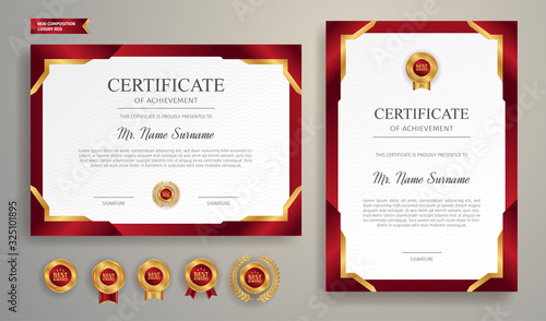Red and gold certificate of achievement border template with luxury badge and modern line pattern. For award, business, and education needs