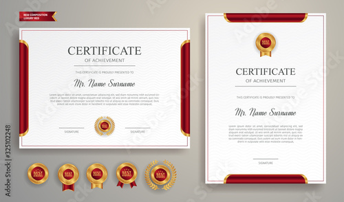 Red and gold certificate of achievement border template with luxury badge and modern line pattern. For award, business, and education needs