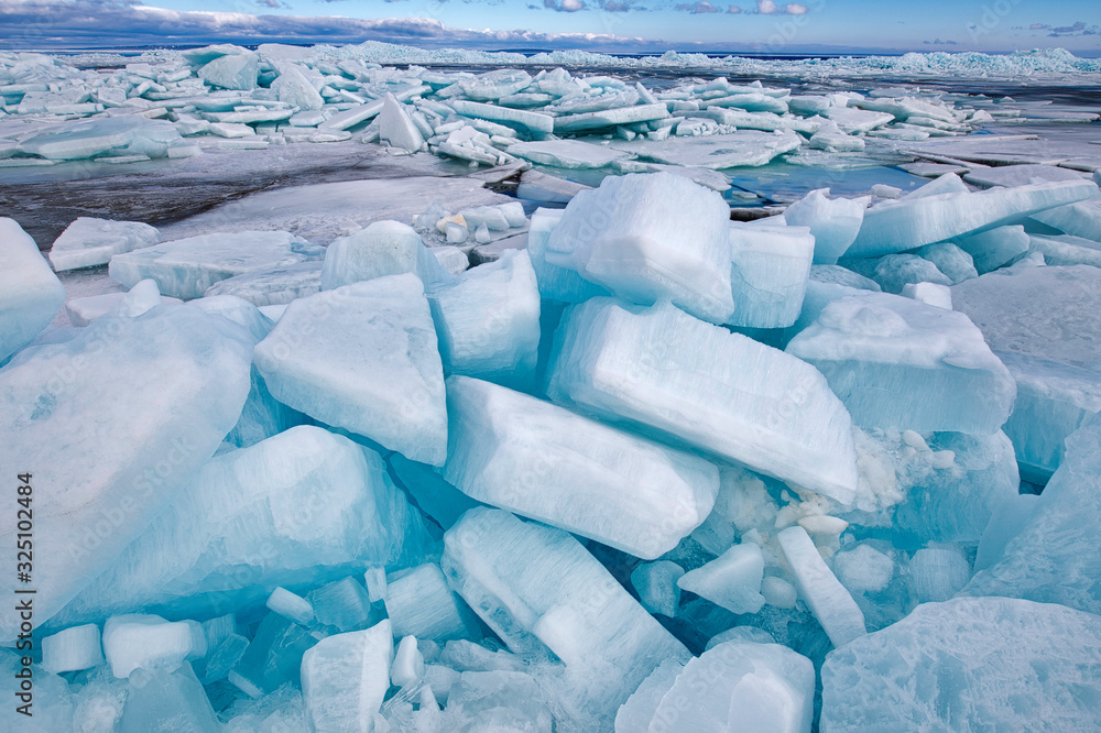 Landscape of blue Ice Shards, Straits of Mackinac, Lake Michigan, Michigan, USA Landscape of blue Ice Shards, Straits of Mackinac, Lake Michigan, Michigan, USA