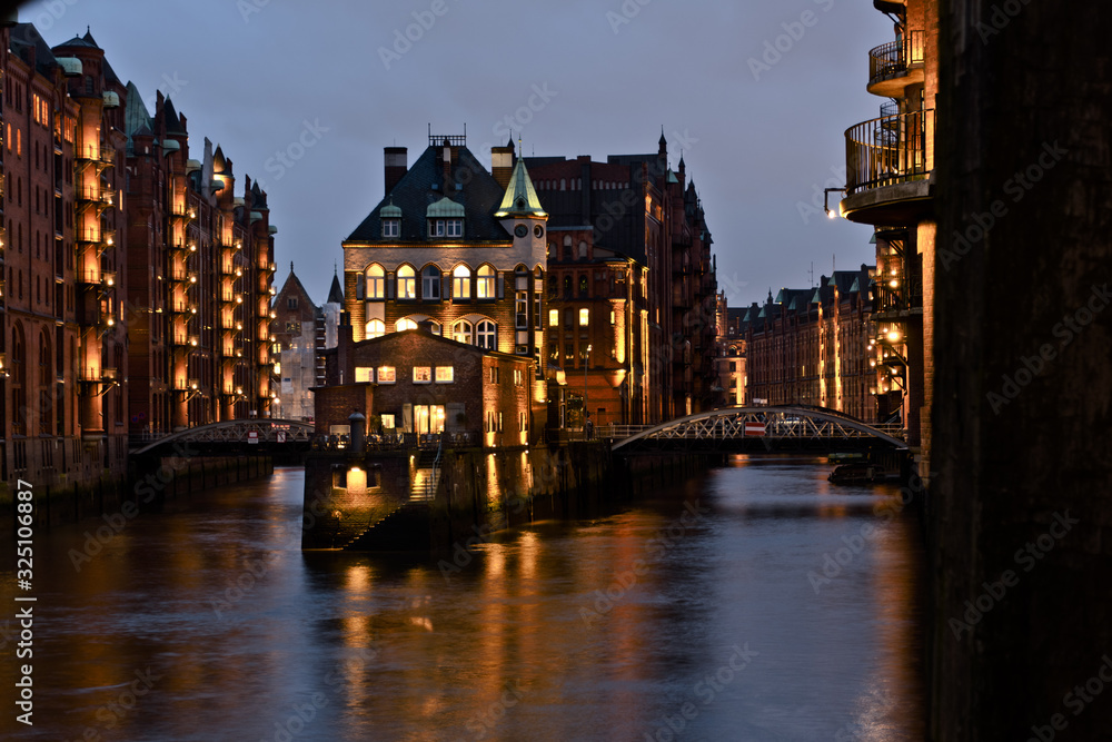 Hamburg, Germany: Illuminated Wasserschloss (water castle)