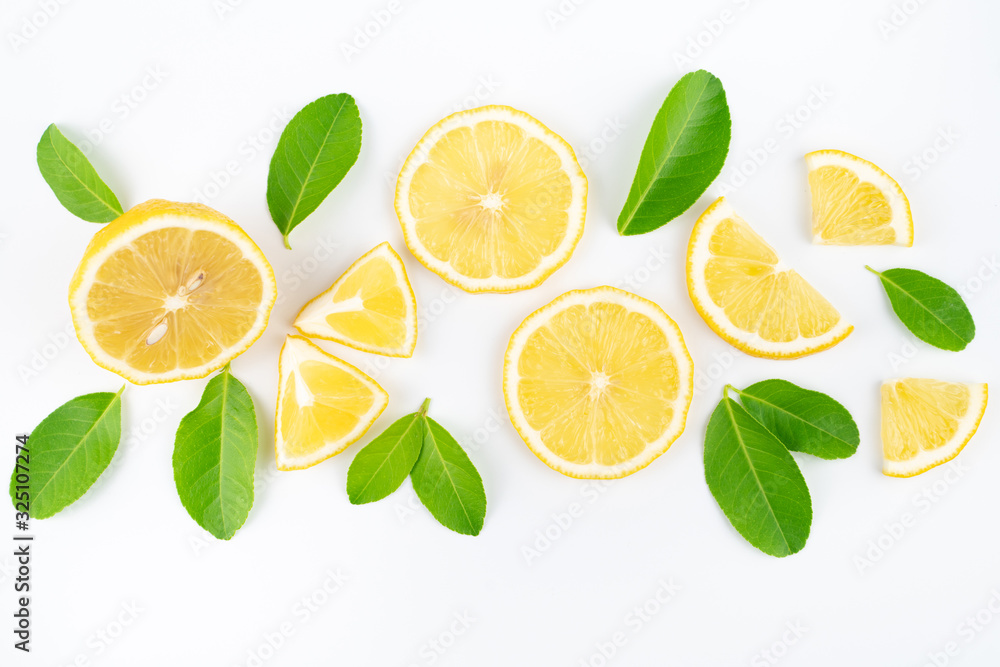 Group of slice lemon and leaf  on white background