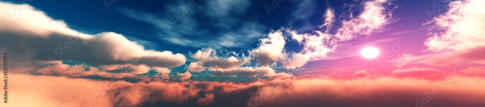 cloudy panorama, sunset among clouds to the sun, sunrise above clouds