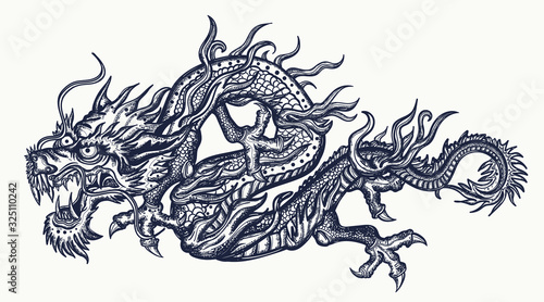 Сhinese dragon tattoo. Traditional asian style. China. Ancient mythology and culture