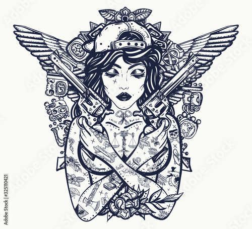 Bad girl, crossed guns, wings and mayan ancient glyphs. Swag. Hip-hop and rap lifestyle. Cool gangster tattooed woman in baseball cap. Criminal street culture art. Favela style