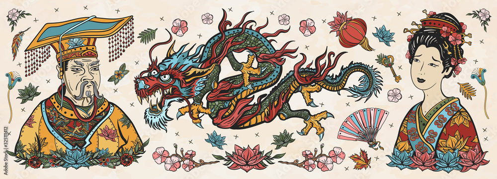 Ancient China. Old school tattoo vector collection. Chinese dragon, emperor, queen in traditional costume, fan, red lantern, lotus flower. History and culture. Asian art. Traditional tattooing style