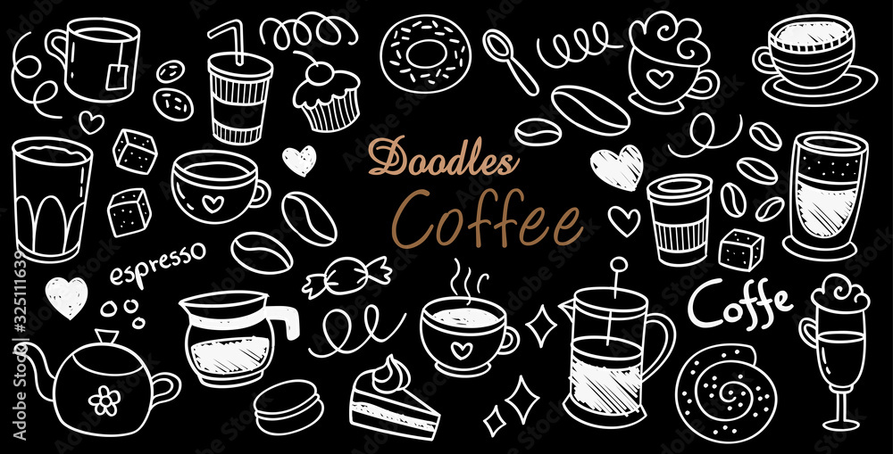Coffee drink and desserts hand drawn collection. Set sketch graphic elements for menu design. Vintage vector illustration. Coffee cups, beans and coffee makers illustration.
